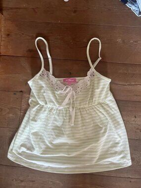 Lace Trim Striped Babydoll Cami Top with Bow XS